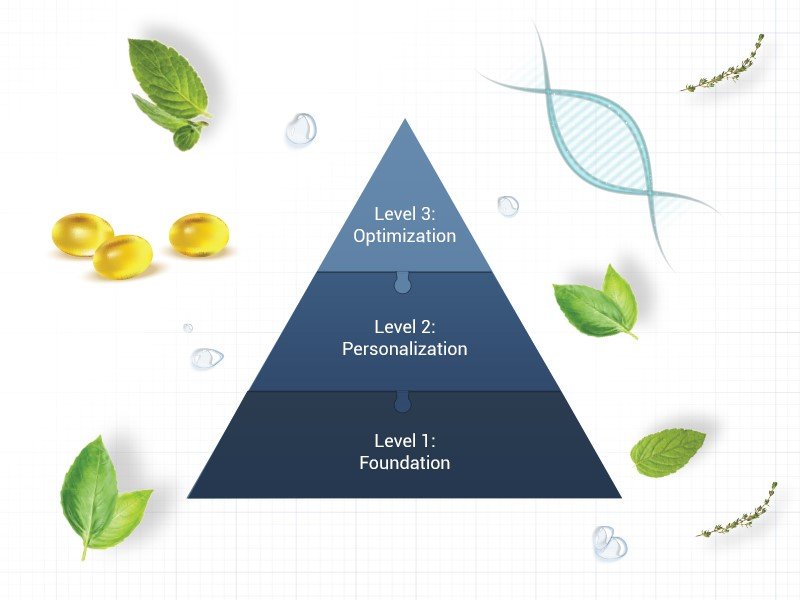 Life Extension, supplement pyramid with three different sections, top optimisation, middle personalisation, and botttom foundation.  The surroundings are filled with supplement capsules , green leaves and a DNA  diagram 